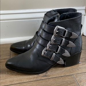 Black booties with silver western buckles